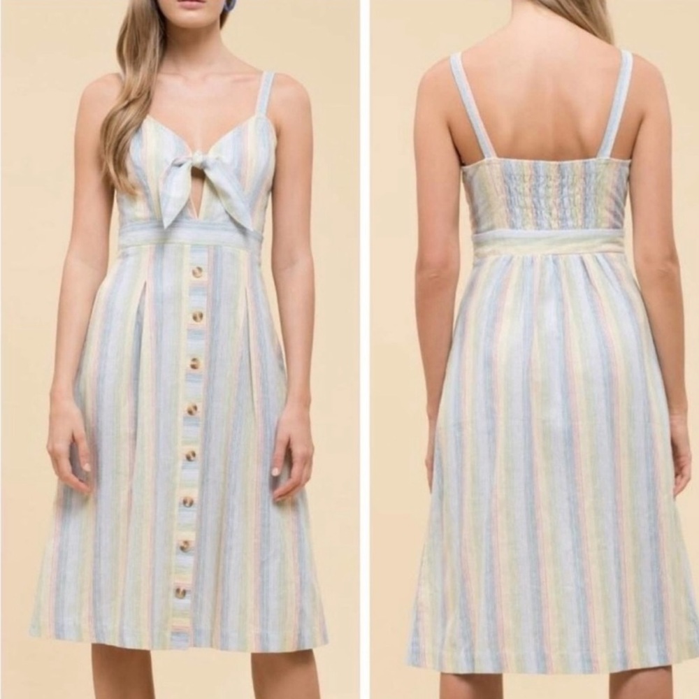 Moon River Rainbow Stripe Linen Midi Dress Cut Out